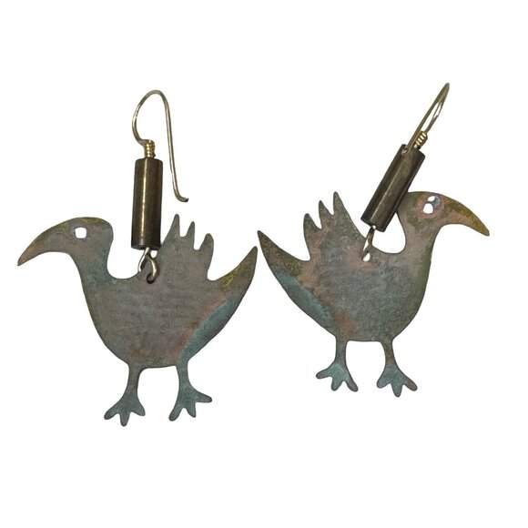 Vintage Brass Patina Dodo Bird Shaped Dangle Earrings Green Boho Y2K Folk Art - Picture 4 of 6
